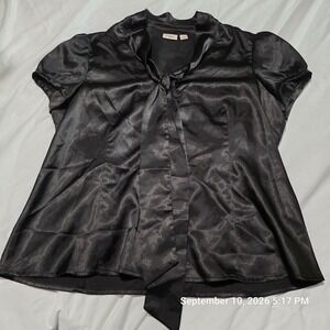 Cato Black Satin Tie Neck Blouse Short Puff Sleeve Top Large